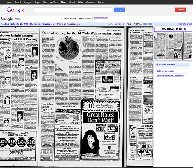 Page from the July 28, 1996 edition of the Reading Eagle as viewed in the Google news archive
