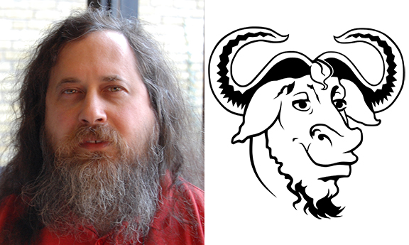 Richard Stallman in 2007 and the GNU logo 