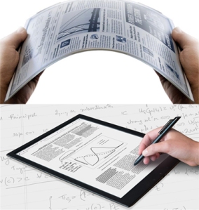 The Sony Digital Paper System (DPT-S1) is based on E Ink’s Mobius e-paper display technology: 13.3” format, flexible and supports stylus handwriting