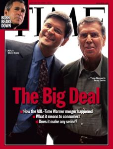 The January 24, 2000 cover of Time magazine with Steve Case and Jerry Levin announcing the AOL-Time Warner merger.